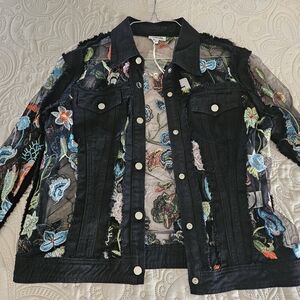 Black Floral Jean Jacket with Artistic Design